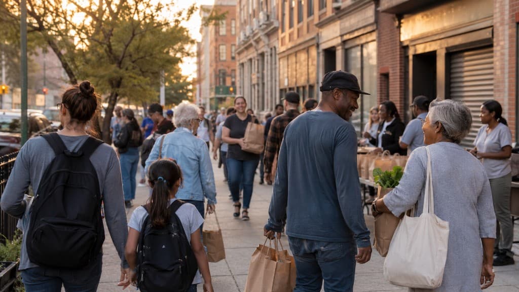 Neighbors walking together with groceries on a New York City sidewalk