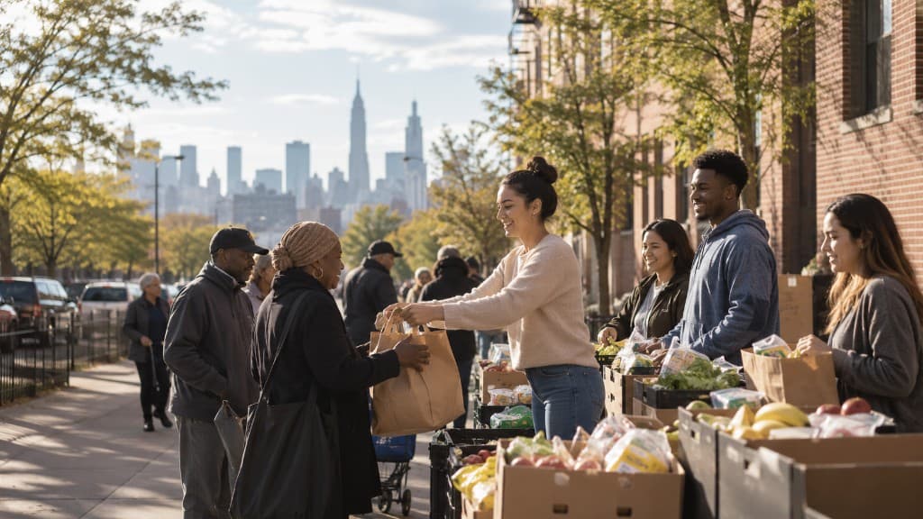 Volunteers handing fresh groceries to neighbors at a community food distribution in New York City